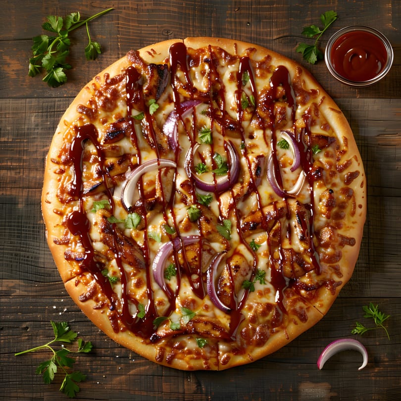 BBQ chicken pizza with red onions, cilantro, and a side of BBQ sauce on a wooden table.